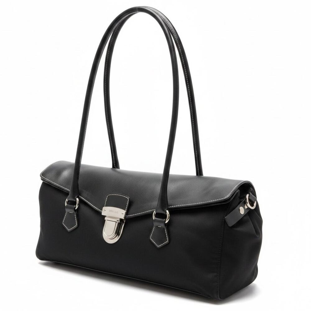 Prada Tessuto Nylon Leather Trim Easy Shoulder Handbag Luxury Silver Hardware